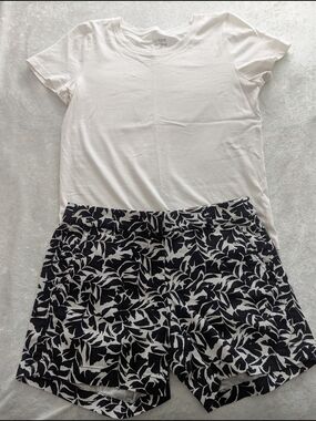 J. Crew T-shirt and Black & White Leaf-Print Shorts
